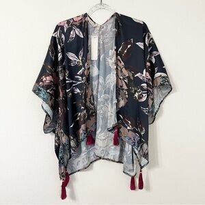 Soft Surroundings Kimono Womens One Size Navy Blue Multi Floral Tasseled NWT OS